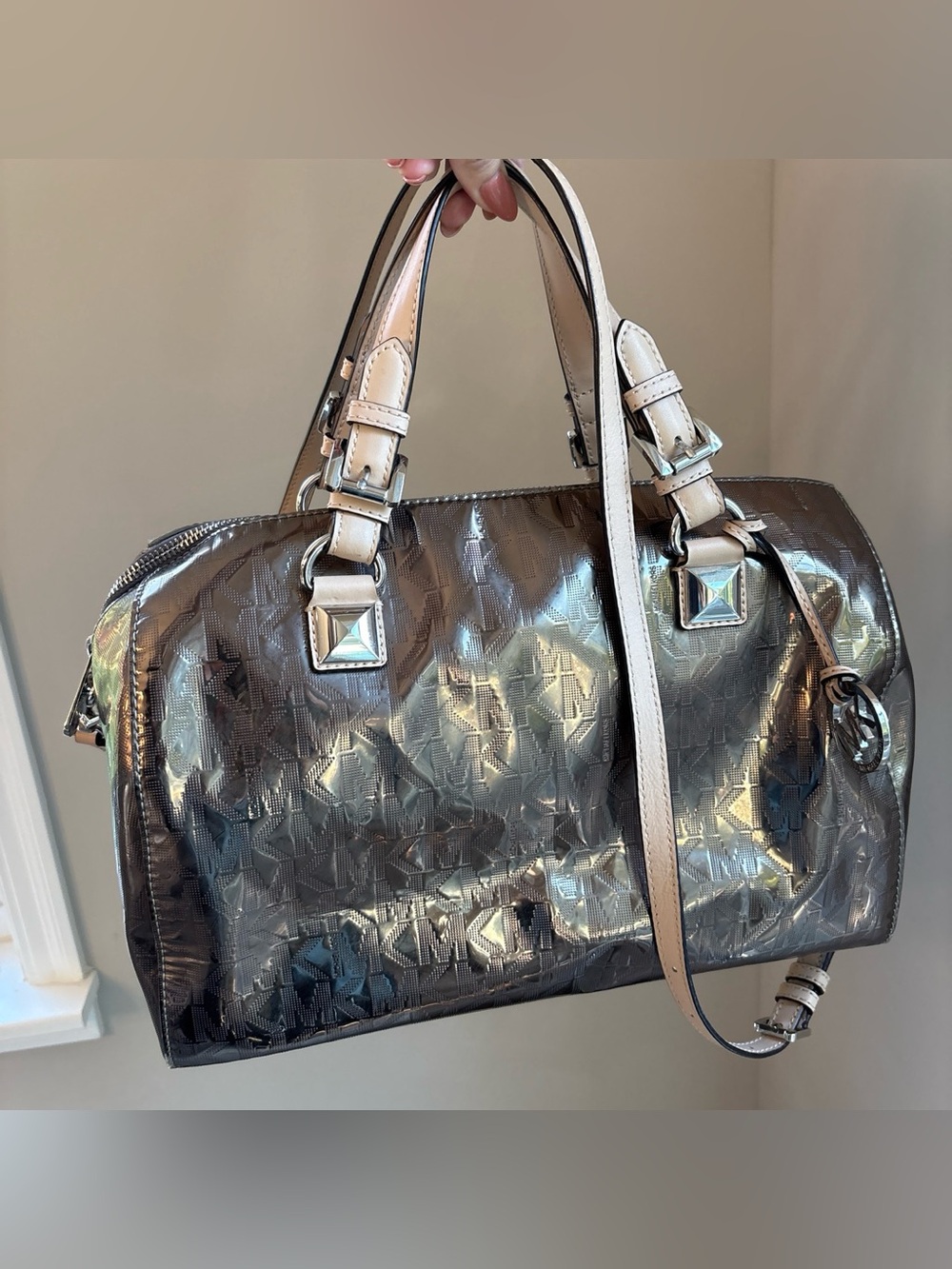 Michael Kors Grayson Metallic Silver Patent Boston Satchel Bag